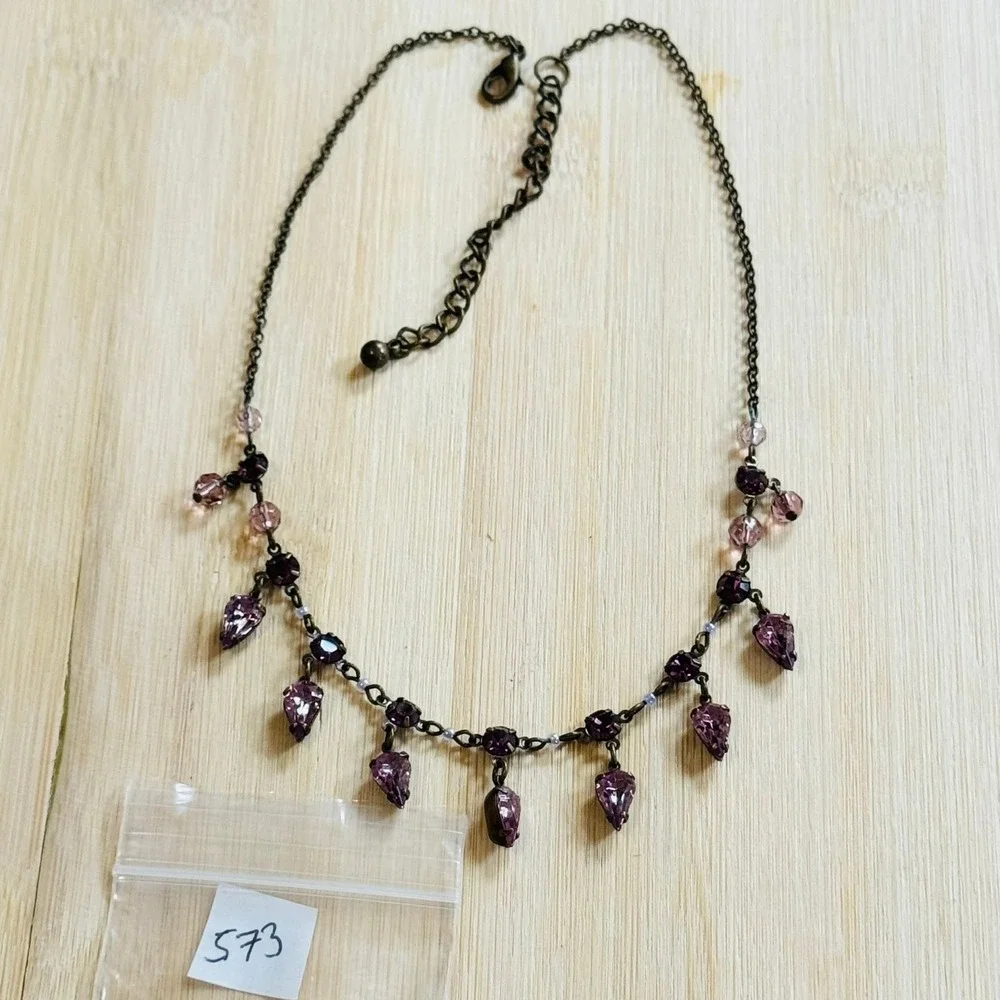 Regency style Necklace VTG Jeweled Crystal Rhinestone statement bronze lilac 90s